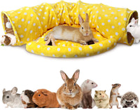 Bunny Tunnel Bed, 2-in-1 Collapsible Rabbit Tunnel Hideout with Mat – Essentials for Small Pets - Yellow