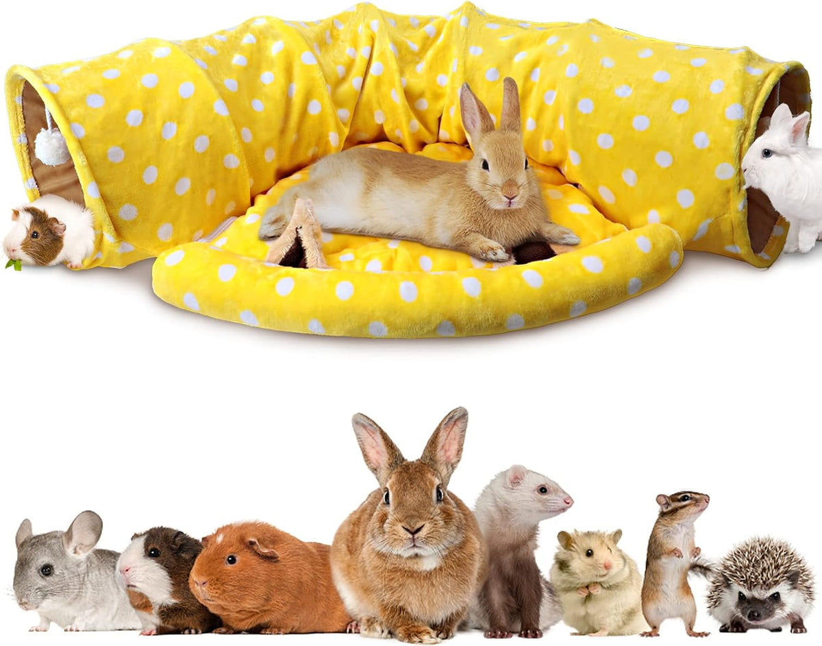 Bunny Tunnel Bed, 2-in-1 Collapsible Rabbit Tunnel Hideout with Mat – Essentials for Small Pets - Yellow