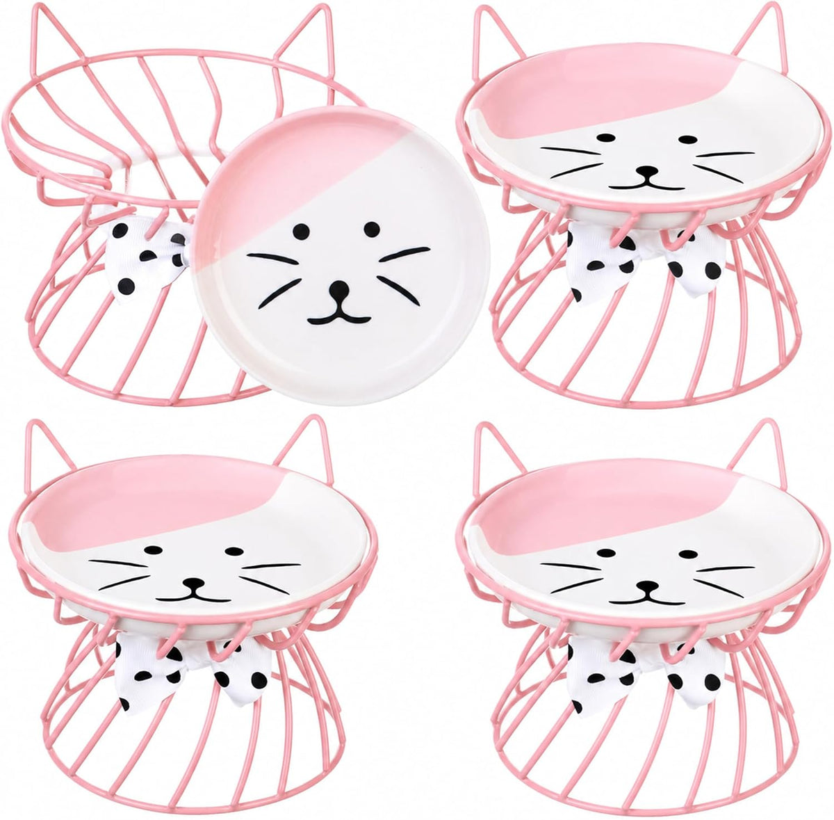 Sunnyray 4 Pcs Elevated Cat Bowls Raised Cat Food Bowl - Bow Tie / Pink