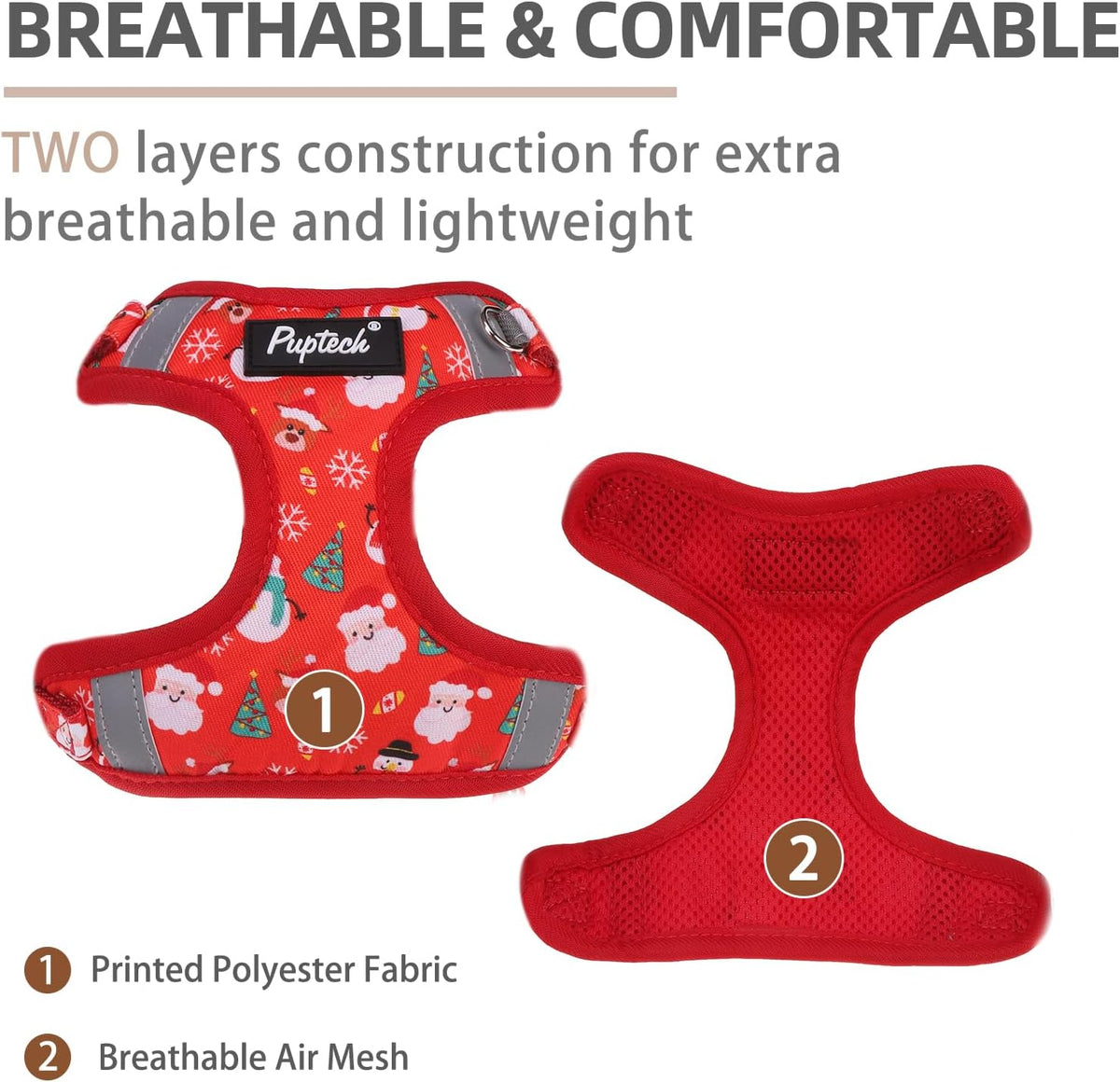 PUPTECK Dog Harness and Leash Set Small Sized - M (17-25lbs, Chest 17"-21") / #2 Red(Christmas Print) - image 2