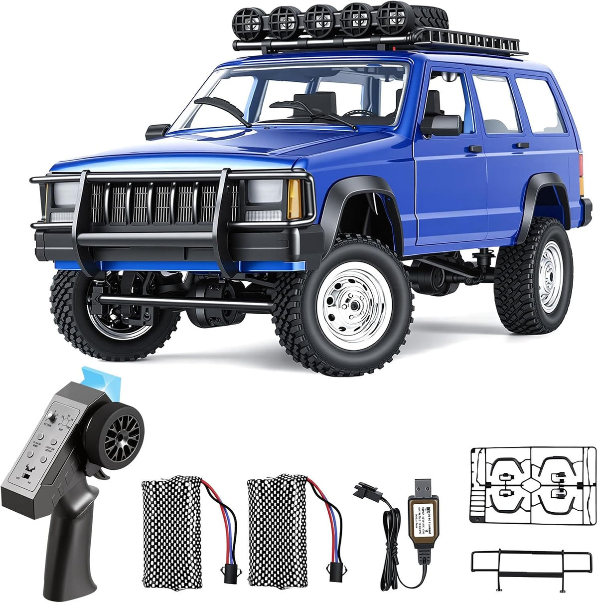 Goolsky silver 1:12 scale RC rock crawler with LED lights on rocky ground