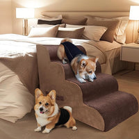 PAWSCART Dog Stairs for Small Dogs and Cats, 4-Step Dog Steps for Bed, 19.6" H Pet Stairs for High Bed, Pet Ramp for Couch, Sofa, Non-Slip Surface Removable Washable Cover, Brown