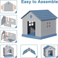 Dog House Indoor Outdoor for Small to Large Sized Dogs Resin Outdoor Dog House with Ventilation Puppy Shelter with Elevated Floor, Easy to Assemble, Blue