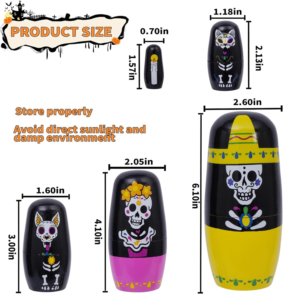 Russian Nesting Dolls, Bear Wooden Stacking Set - Day of the Dead Skull - image 3