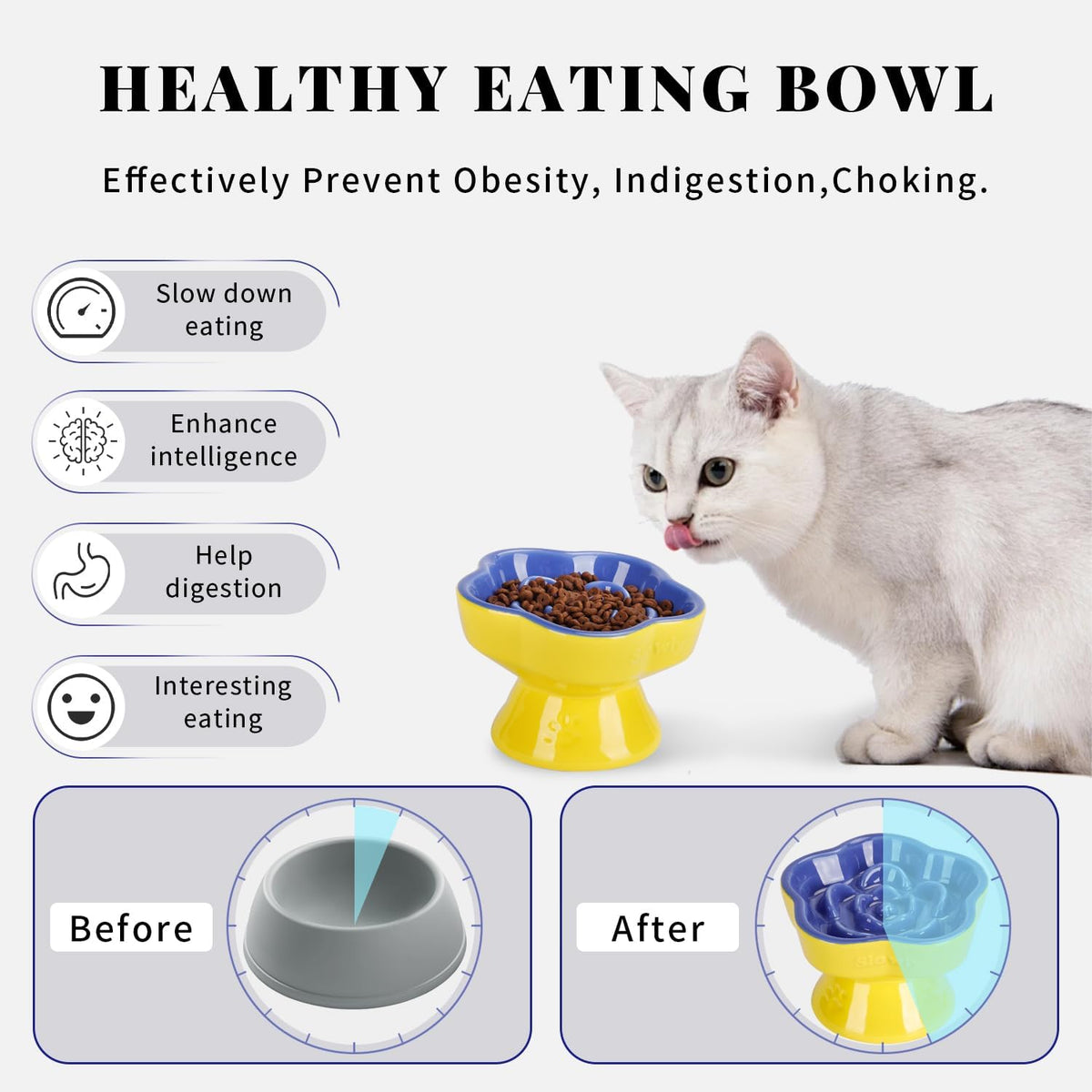 S&Q's CERAMICS Raised Slow Feeder Cat Bowl - 5.8" / Blue - image 3