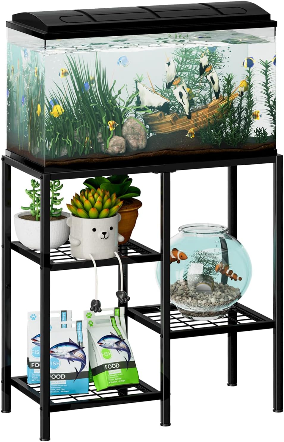 Two-tier metal aquarium stand for 10, 20 and 29 gallon tanks with adjustable anti-slip feet