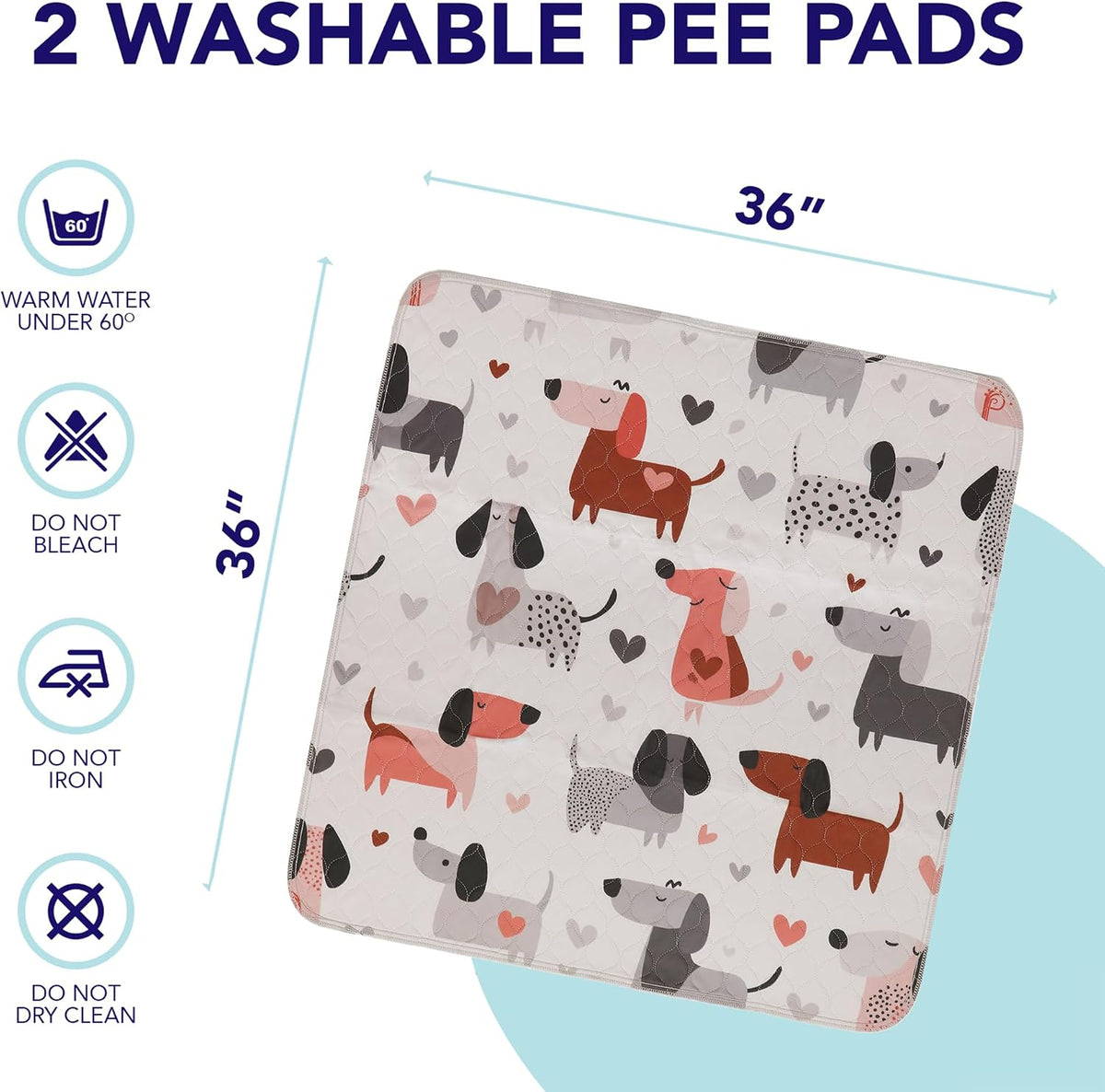 PUPIBOO Washable Pee Pads for Dogs and Cats - Pups & Hearts / 36 x 36 Inch (Pack of 2) - image 3