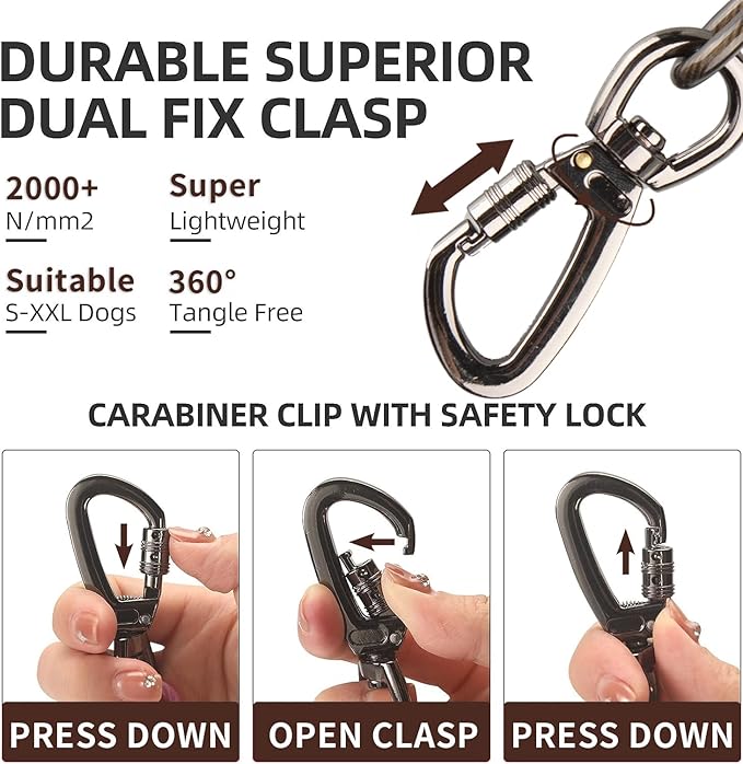 Dog tie Out Cable, 10/20/25/30/50/70/100 feet, Suitable for Dogs up to 350 pounds, Dog Cable with Swivel Buckle, Lightweight, Non-Winding, for Outdoor Camping, Yard Dog Cable (Black, 50FT)