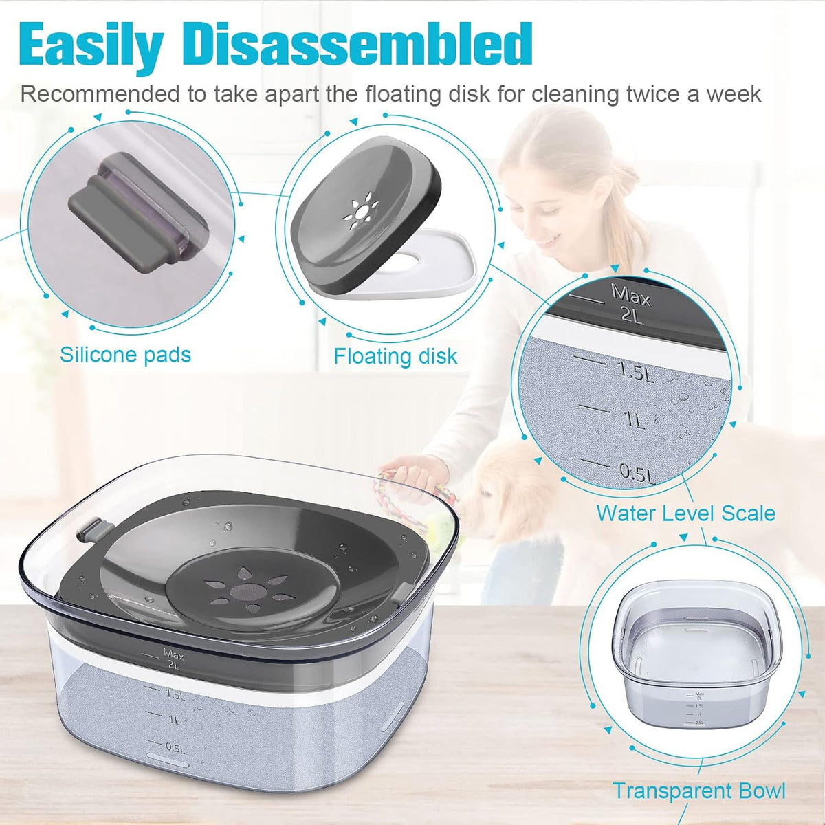 UPSKY 4L Dog Water Bowl No Spill Large Capacity Slow Drinking Water - 2 L / Gray - image 3