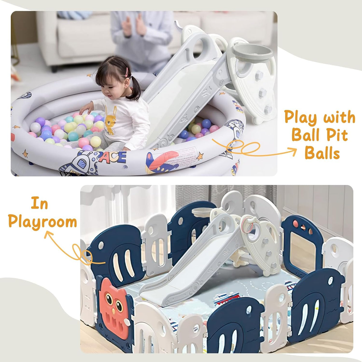 Onasti Kids Slide for Toddlers Age 1-3 with Basketball Hoop & Ring - Light Grey - image 3