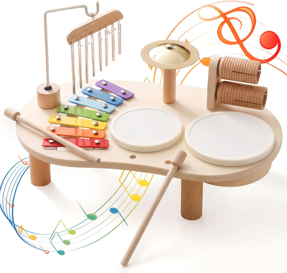 Promise Babe wooden drum set for toddlers with xylophone, cymbals and wind chime