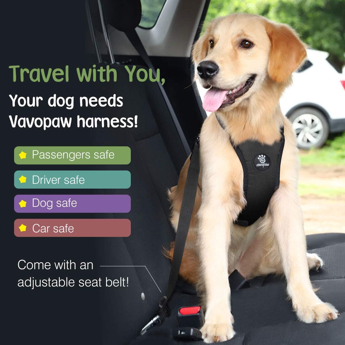 Dog Seat Belt Vest Harness for Car - Black / L (Chest: 22-32.3", Neck: 16.9-26") - image 2