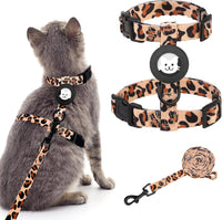 BINGPET Cat Harness with Airtag Holder - Classic Leopard (Buckles on Neck & Chest)