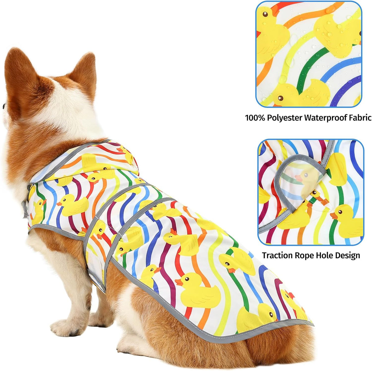 Dog Raincoat, Waterproof Dog Rain Jacket with Hood - Rainbow Ducks / Large - image 2