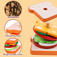 Pajojoqa wooden sandwich stacking toy with egg, cheese, bacon, lettuce, tomato and bun pieces - view 8