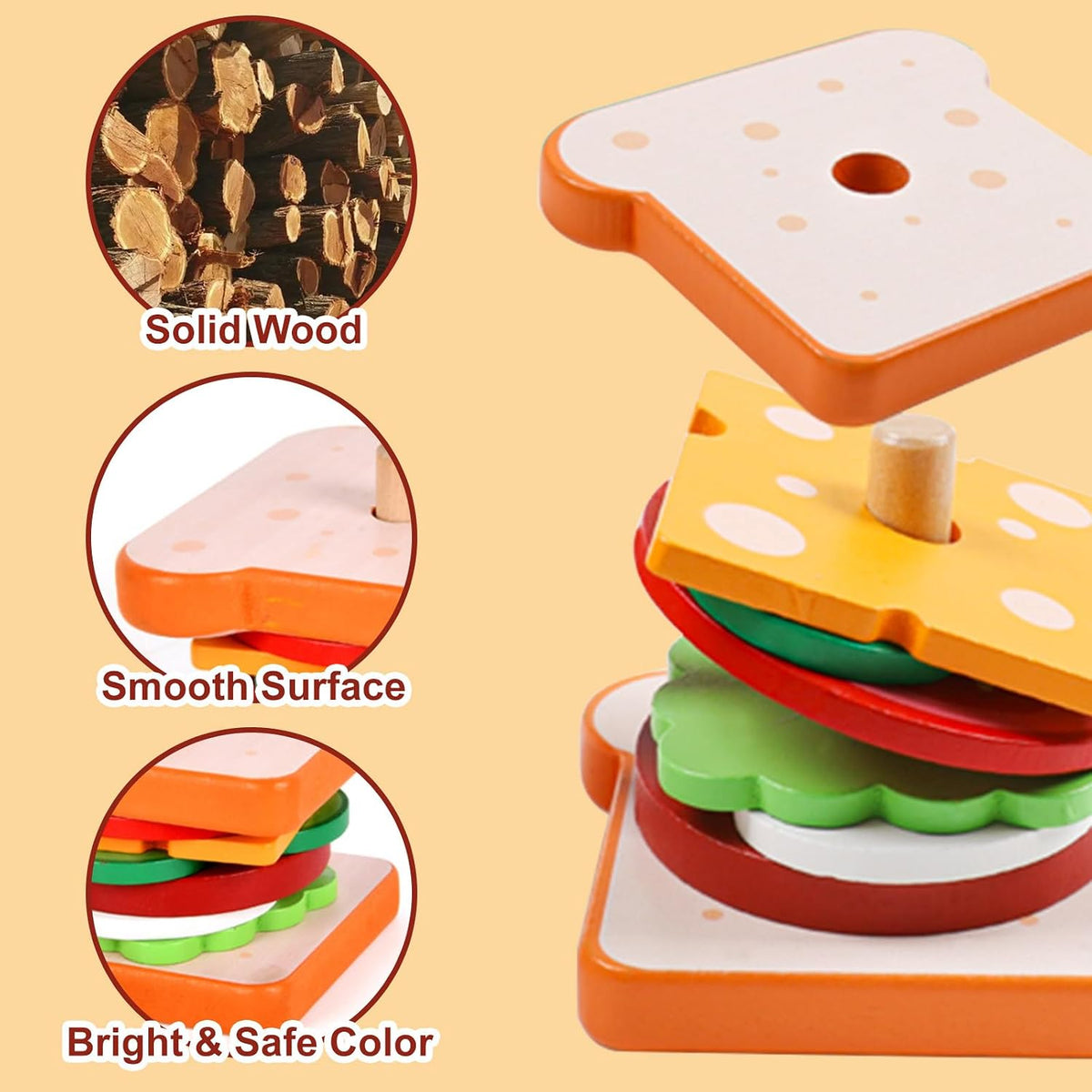 Pajojoqa wooden sandwich stacking toy with egg, cheese, bacon, lettuce, tomato and bun pieces - view 8