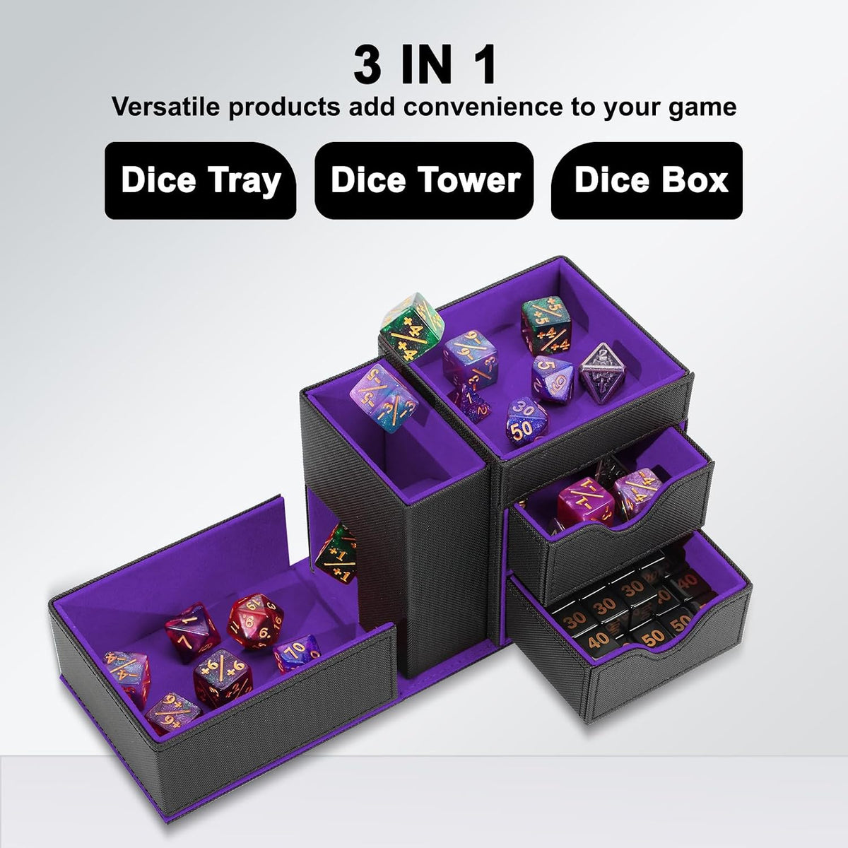 Stepane dice tray and dice tower storage box in black and red PU leather with drawers - view 21