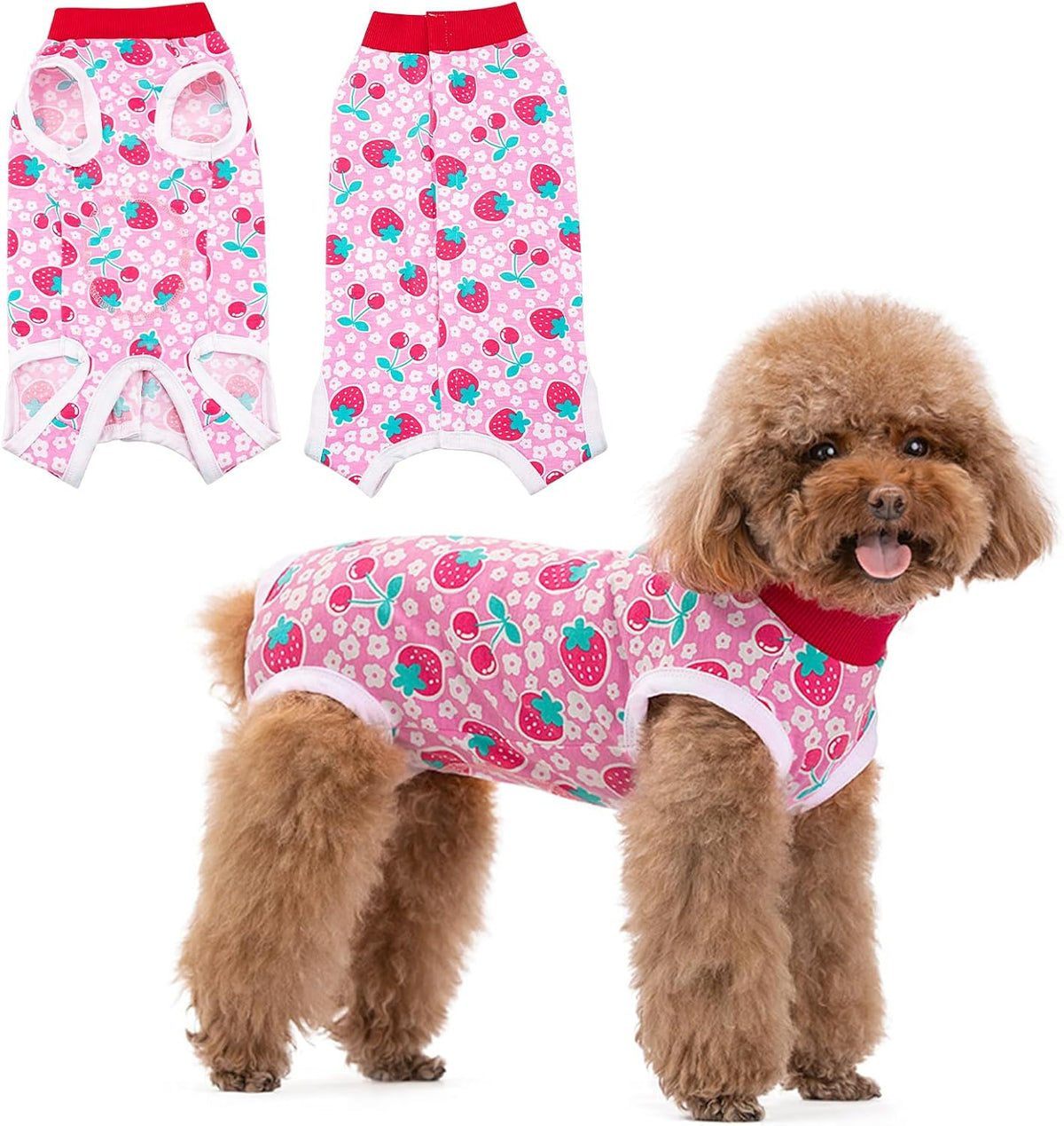 Dog recovery suit onesie for female dogs after spay surgery, sizes S to XL, patterned