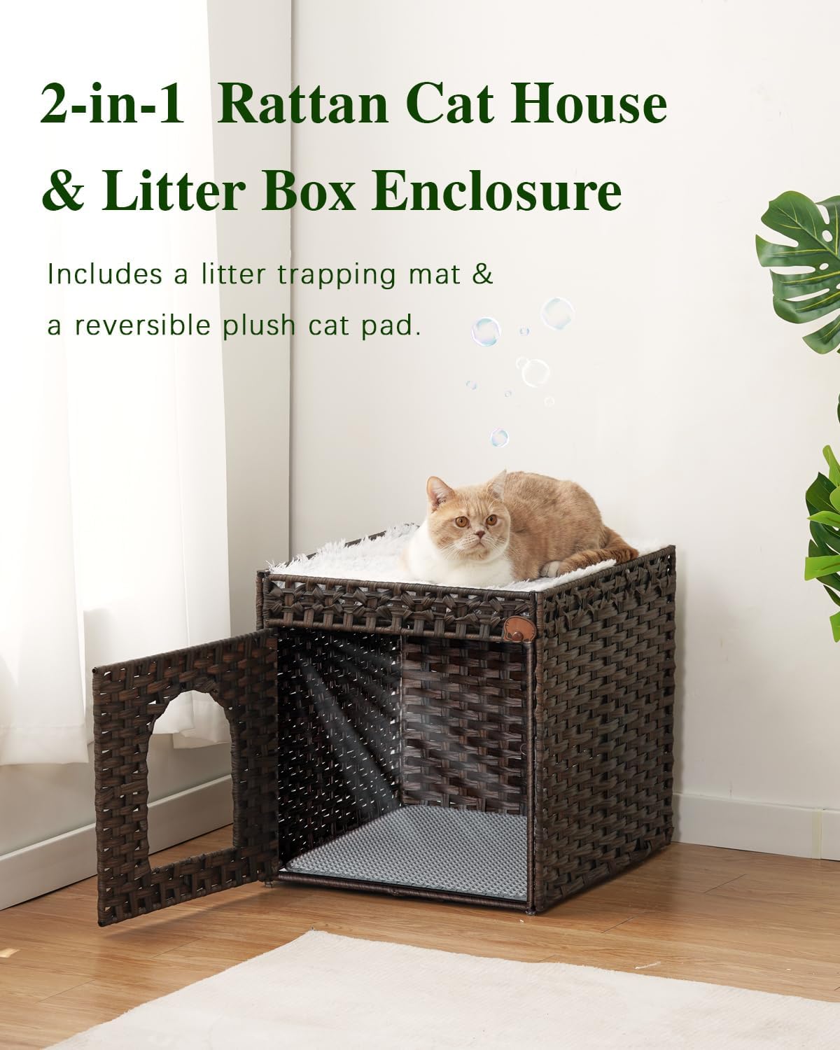Cat Litter Box Enclosure Furniture, Hidden PE Rattan - Brown / Standard With 1 Cat Bed - image 2