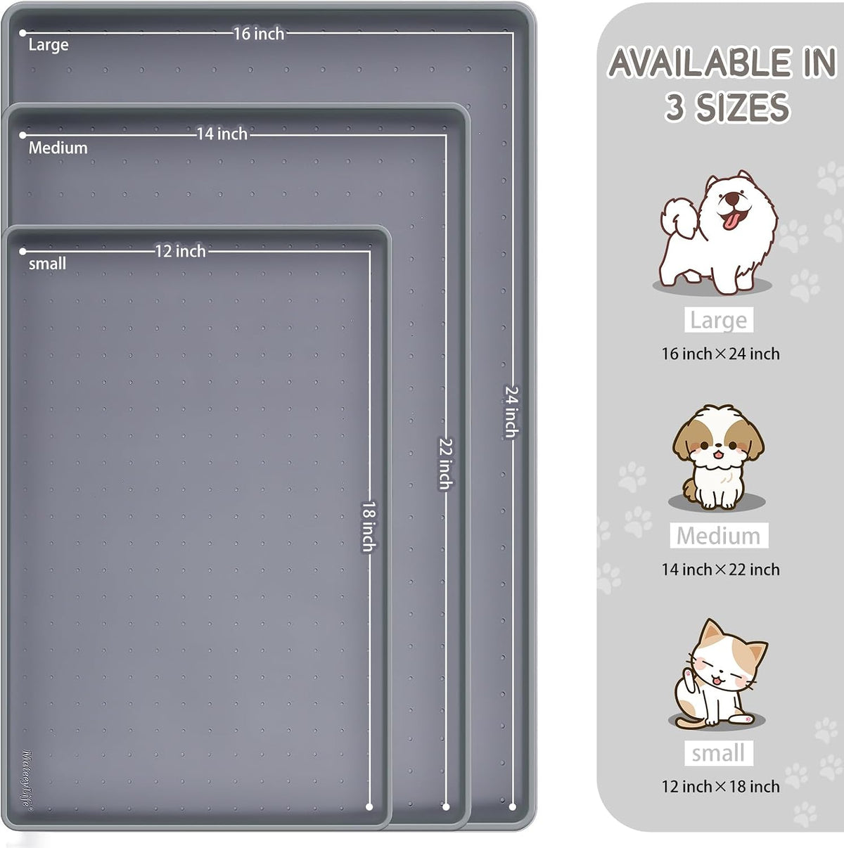 MateeyLife Silicone Cat & Dog Food Mat for Floors Waterproof - Gray / 18"L x 12"W - image 2