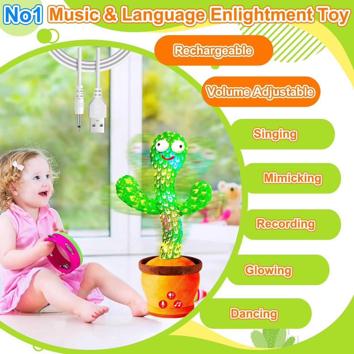 Rechargeable Dancing Talking Cactus Toy - Green - image 2