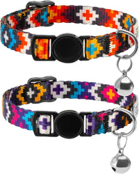 Tribal Aztec Cat Collar 2-Pack, Breakaway with Bell – Essentials for Cats - Orange & Purple, 2-Pack, 7-11"