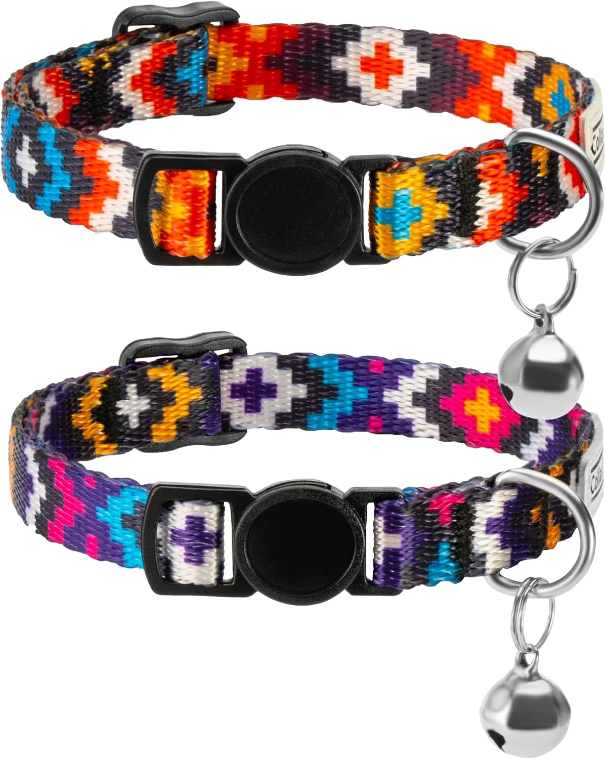 Tribal Aztec Cat Collar 2-Pack, Breakaway with Bell – Essentials for Cats - Orange & Purple, 2-Pack, 7-11"