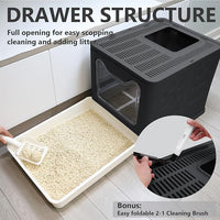 Foldable Cat Litter Box with Lid, Enclosed Potty, Large Top Entry Anti-Splashing Toilet, Easy to Clean Including Litter Scoop and 2-in-1 Cleaning Brush (Black)