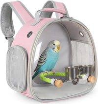 Small Bird Travel Backpack Carrier Cage - Pink / Clear Bubble + Cups