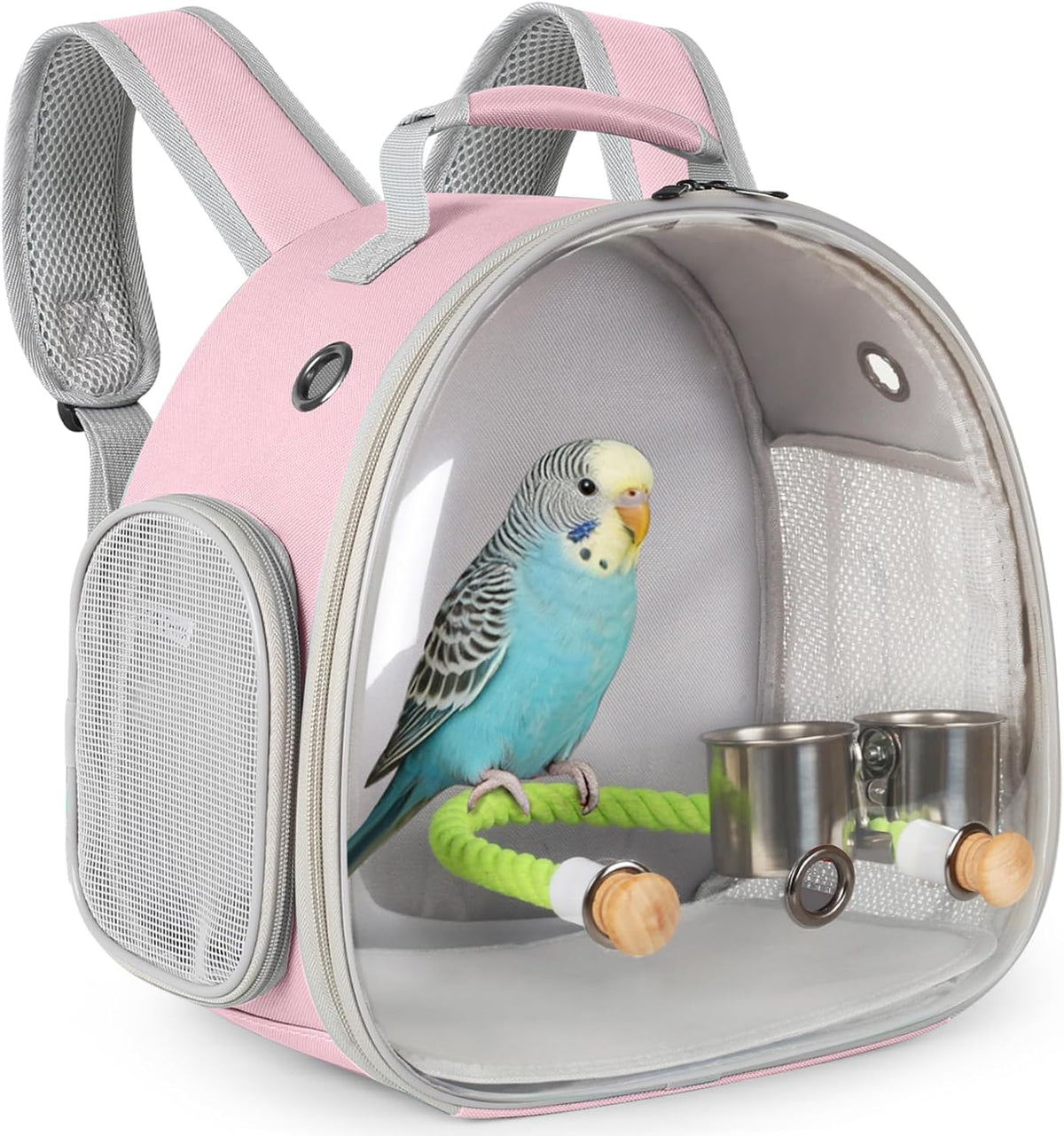 Small Bird Travel Backpack Carrier Cage - Pink / Clear Bubble + Cups