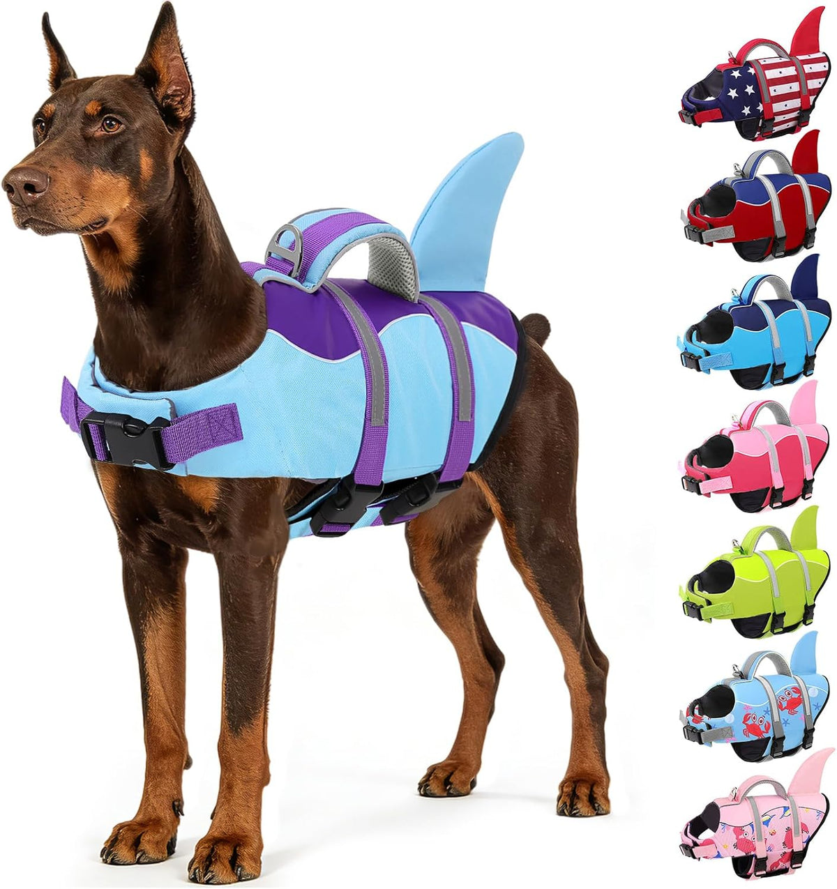 Dog Life Jacket High Buoyancy Shark Dog Life Vest for Swimming - Blue & Purple / Small