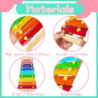 Xeehwb 2 pack wooden xylophones for kids with 8 colored keys and child mallets - view 3