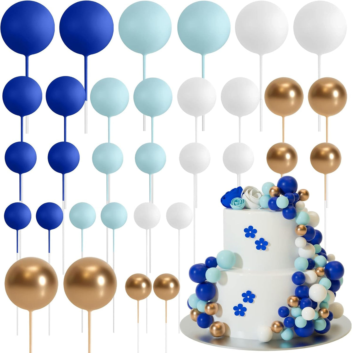 ASTARON 32 Pcs Foam Balls Cake Topper Decorations for Party Cake - Blue，gold