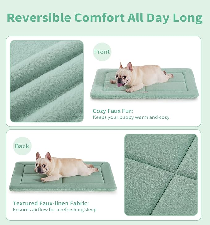 Made4Pets Dog Crate Pad Bed for Large Dogs, Washable & Reversible, Anti-Slip Kennel Mat for Cozy Sleeping, Soft Fluffy Dog Bed for Indoor & Outdoor Use, 41"x29", Green