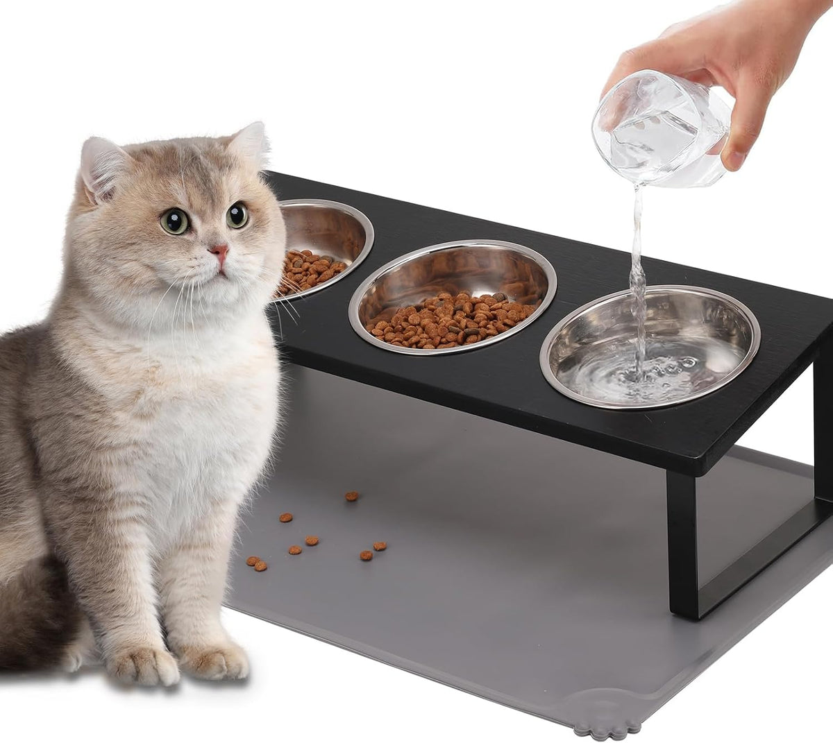 Upgraded Elevated Cat Bowls with Food Mat - Black-3Bowls