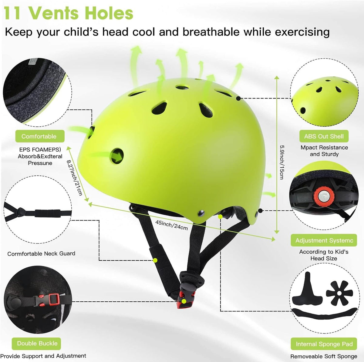 Toddler Kids Bike Helmet Set with Knee Elbow Pads - Green / Small: 20.1"-21.2"/51-54cm - image 4