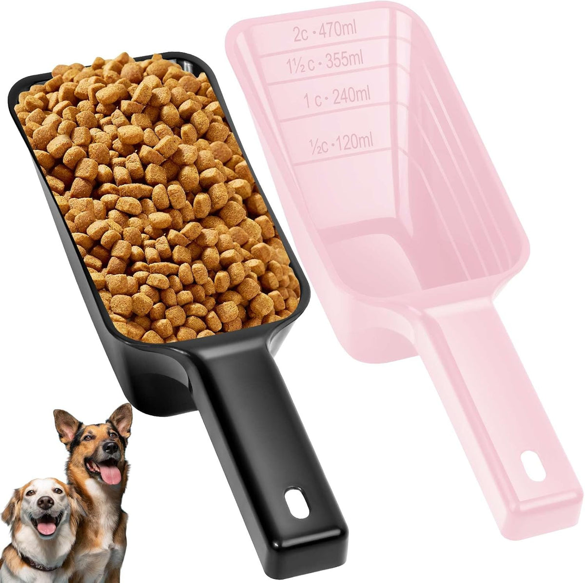 2 Cup Dog Food Scoop, Plastic Pet Food Scoop with Measuring Lines for Accurate Pet Food - Black and Pink