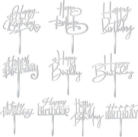 10 PCS Black Happy Birthday Cake Topper Acrylic Cupcake Topper - Silver