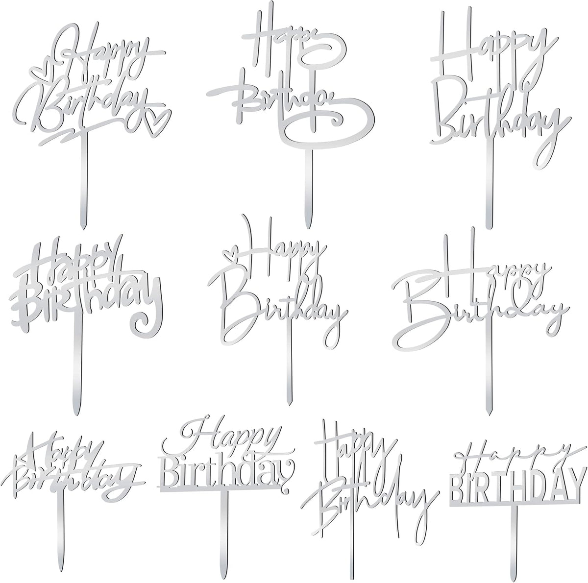 10 PCS Black Happy Birthday Cake Topper Acrylic Cupcake Topper - Silver