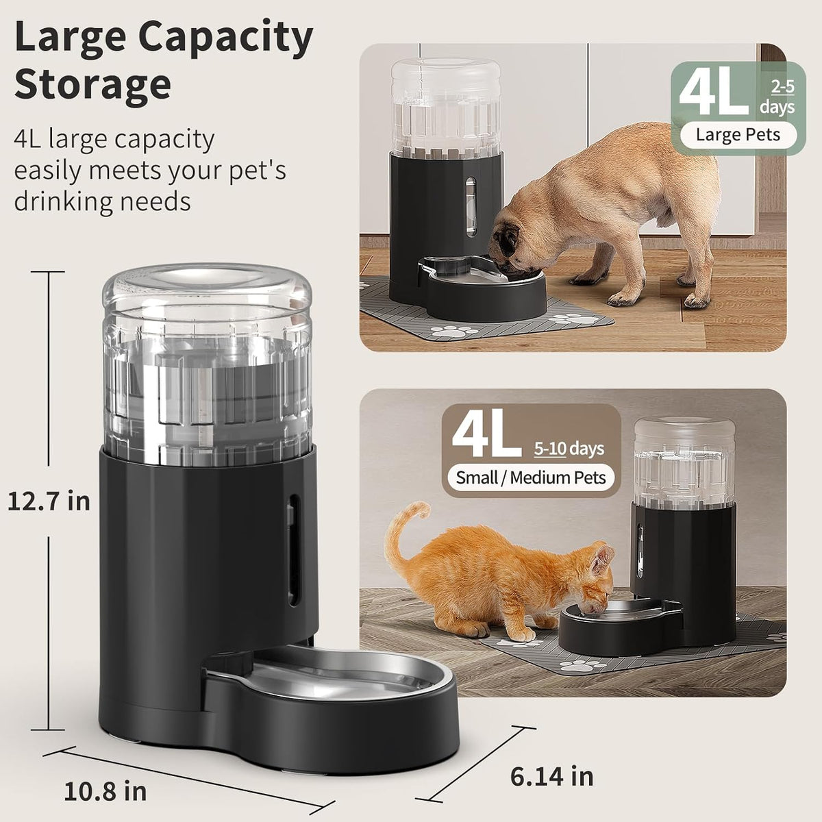 JUNSPOW Cat Water Dispenser and Stainless Steel Bowl – Essentials for Cats - Black / 4L + Mat - image 3