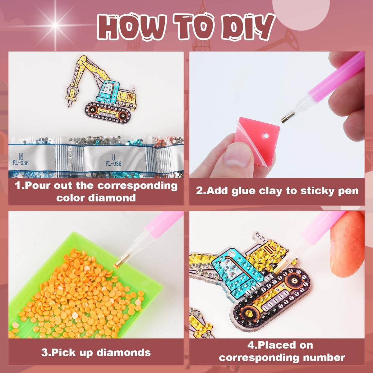 Labeol Diamond Art Kits for kids 5D Diamond Creat Your Own GEM - Engineering Vehicles - image 4