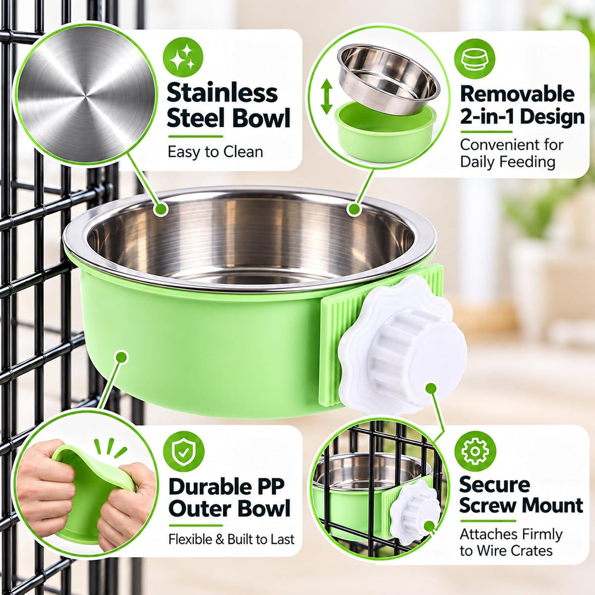 2 Pieces Crate Dog Bowl, Removable Stainless Steel Pet Kennel Hanging Food Water Feeder Bowl Cage - Blue,Green - image 2