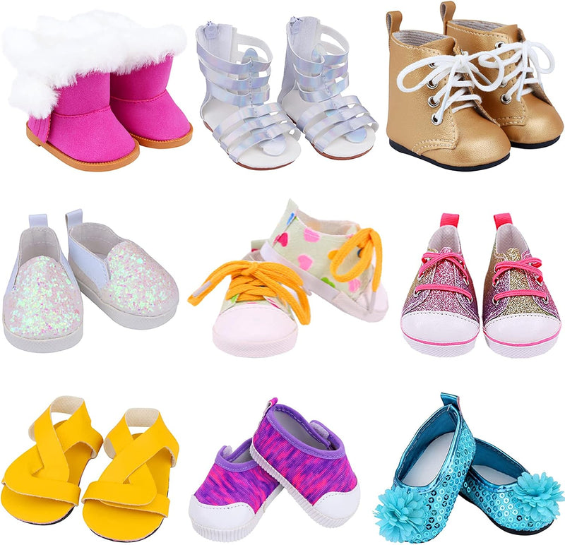 Ecore Fun 9 pairs of 18 inch doll shoes including snow boots, sandals and slippers
