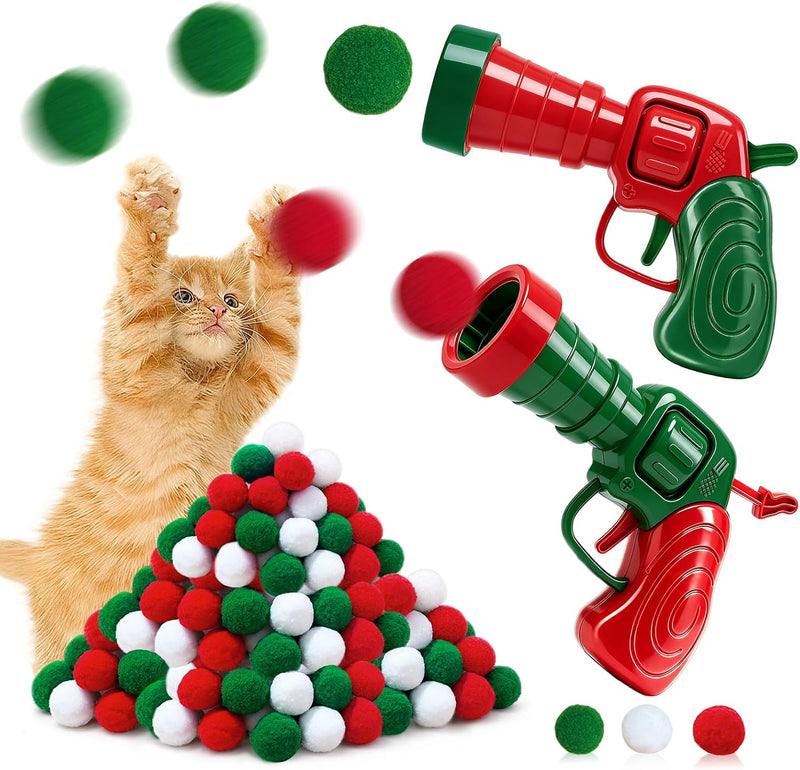 2 Cat Toy Launchers & 100 Cat Pom Pom Balls - Red Green White
