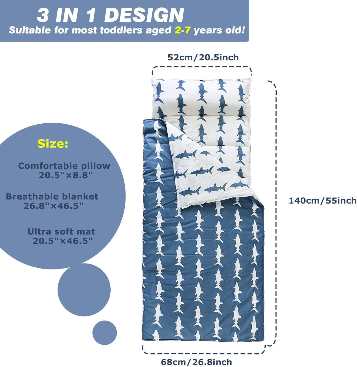 Toddler Nap Mat with Removable Pillow & Soft Blanket - Shark - image 2