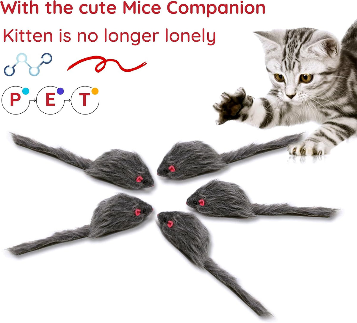 Cat Toys, 6 Pack Furry Rattle Mouse Toy Interactive Cat Toy with Feather Tail, 6 Assorted Faux Fur - 5PCS Faux Fur Grey Cat Mouse Toys - image 2