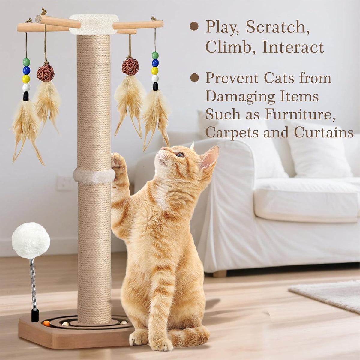 Cat Scratching Post, Sisal Scratcher with Enrichment Toys for Indoor Cats – Essentials for Cats - 33 Inches Tall / Double Track - image 4