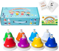 TantivyBo rainbow desk bells for kids, eight color-coded hand bells with songbook