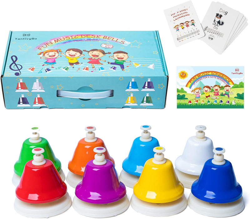 TantivyBo rainbow desk bells for kids, eight color-coded hand bells with songbook