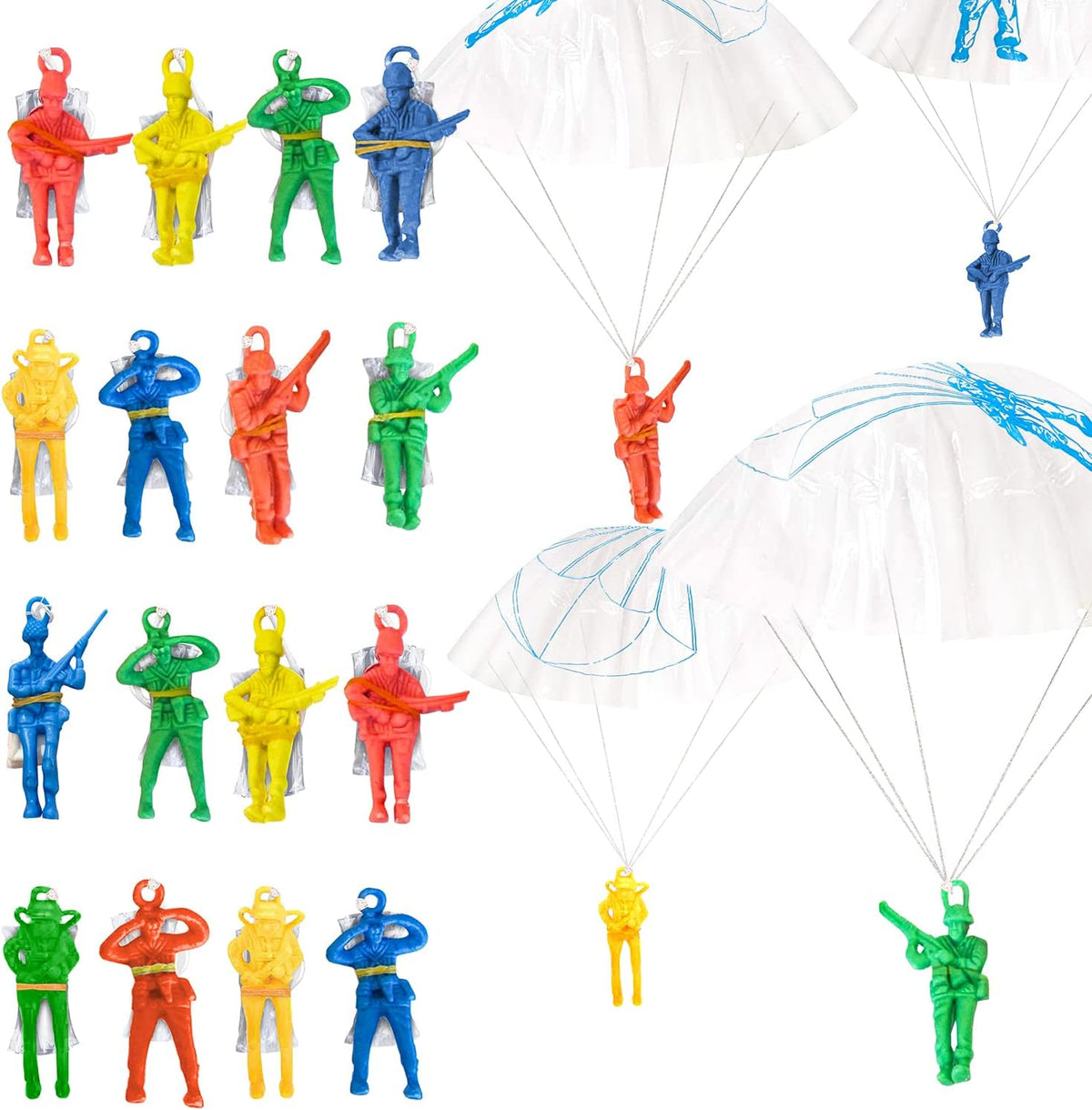 ArtCreativity army parachute toys 36 pack, 2.5 inch vinyl parachute men in red, green, yellow and bl - view 2